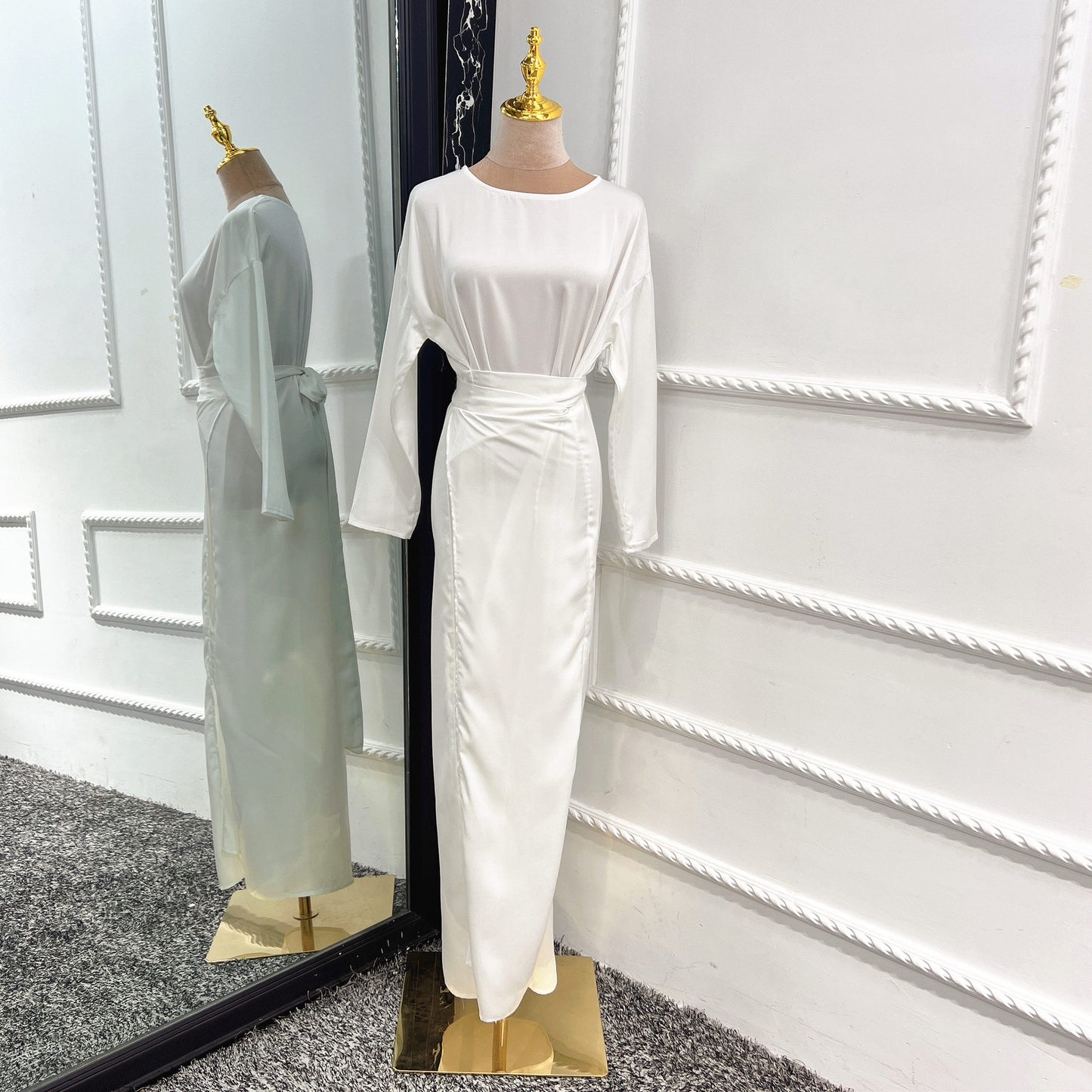 Elegant Long Sleeve Modest Maxi Dress | Sophisticated Full Length Gown Soft Waist Dress Satin Women