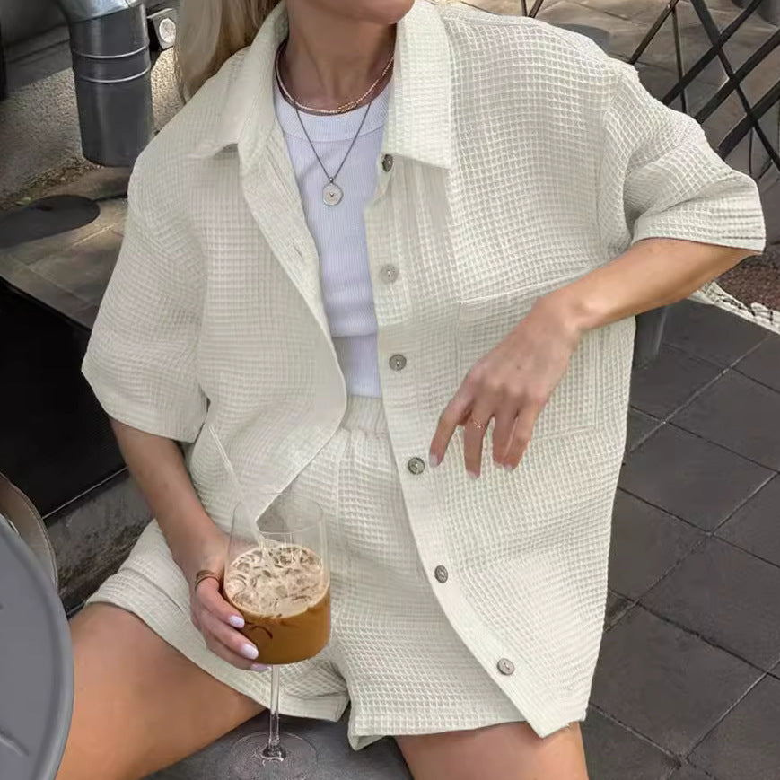 Two Piece Linen-Look Lounge Set | Short Sleeve Top & High Waist Shorts Fashion Lady Waffle Loose Outfit