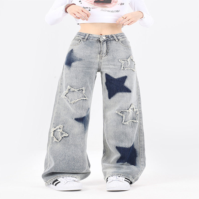 Oversized Star Patch Wide-Leg Jeans – Statement Streetwear Denim National Fashion XINGX Embroidery Washed Worn Jeans Men And Women Straight-leg Trousers