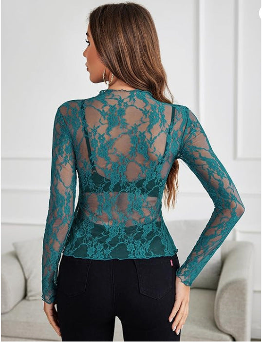 Mesh Top Long Sleeve Transparent Crop Top For Women's