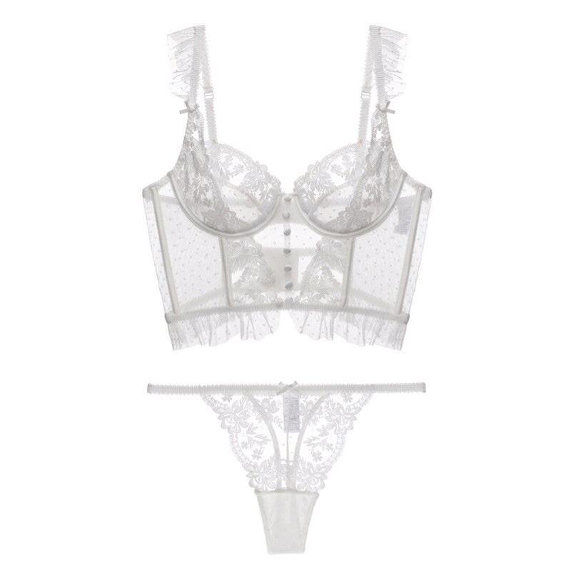 Romantic Floral Lace Underwire Corset Top & G-String Lace Sling Corset Embroidered Bra Set