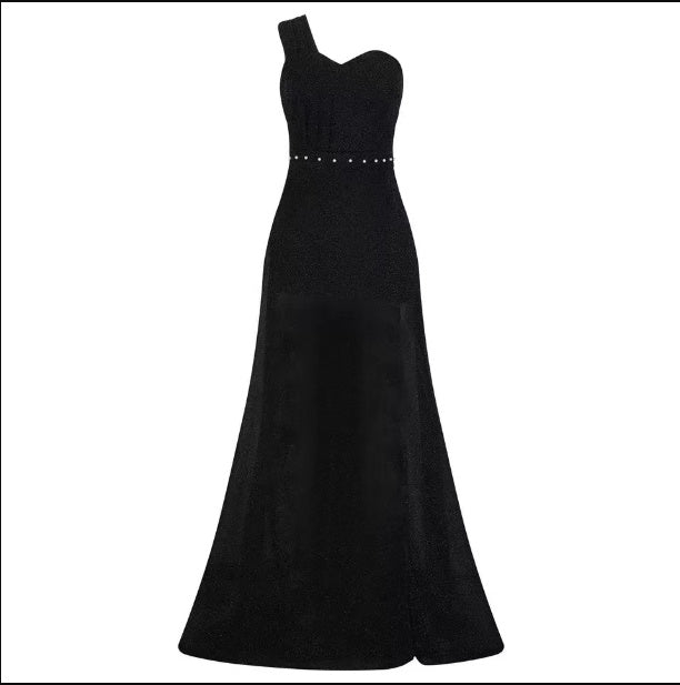 One-shoulder Sleeveless Bronzing Split Dress Women's Clothing