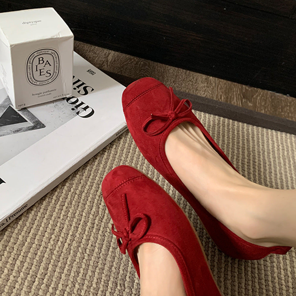Round-toe Ballet-style Bowknot Soft Surface Low-cut Flat Shoes