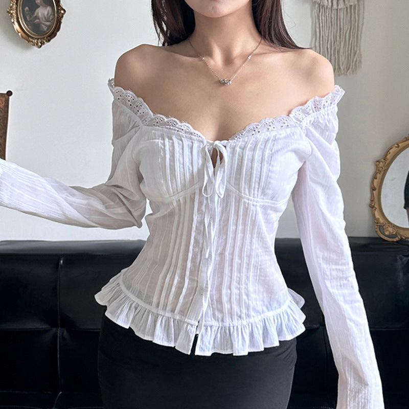 French Pure Desire Style Solid Color Stringy Selvedge Lace-up Long Sleeve