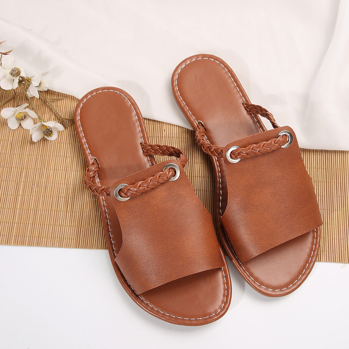 Trendy Flat Slide Sandals with Braided Strap & Toe Ring Simple Daily Beach Slippers