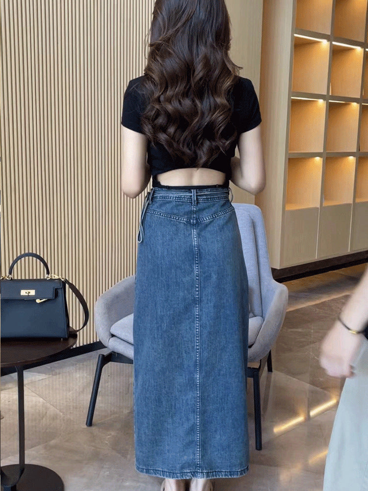 Retro High Waist Slit Blue Denim Skirt
