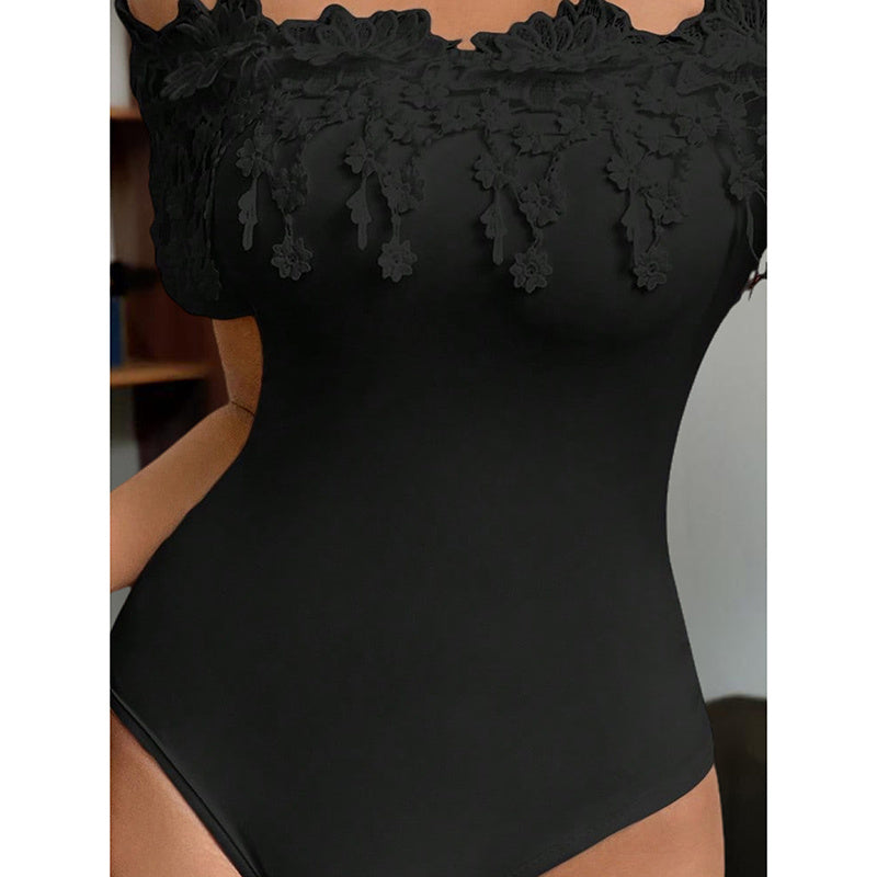 Sexy Ruffled Lace Detail Off-Shoulder One Piece Women's Off Shoulder Short Sleeve Bodysuit Sexy Lace Bodycon Top