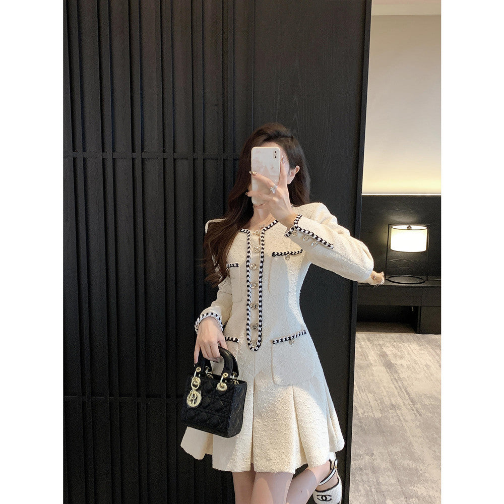 Chic Pleated Skirt Detail Long Sleeve Dress Women's French-style Tweed Dress