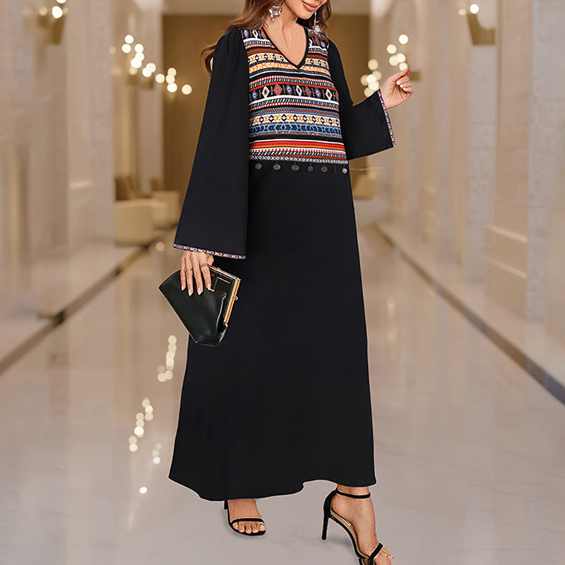 Casual Summer Boho Print Dress V Neck Loose Fit Long Maxi Beach Dresses