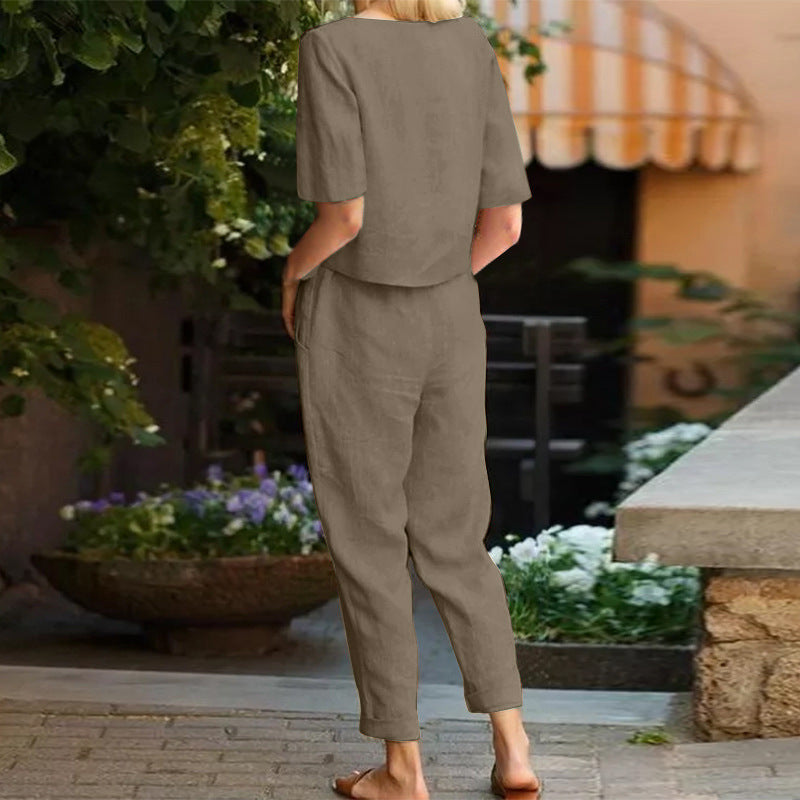 Cotton And Linen Wide-leg Pants Suit For Women's