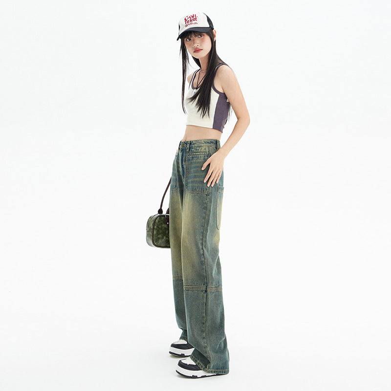 Baggy Cargo Jeans – Washed Vintage Green, Wide Leg Fit Fashion American Stitching Jeans For Women