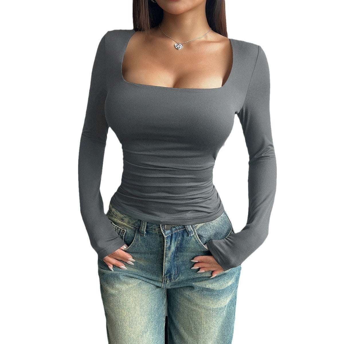 Slim fit Square Neck Long Sleeve Ribbed Top Pullover Tight Casual Fashion Tops Women