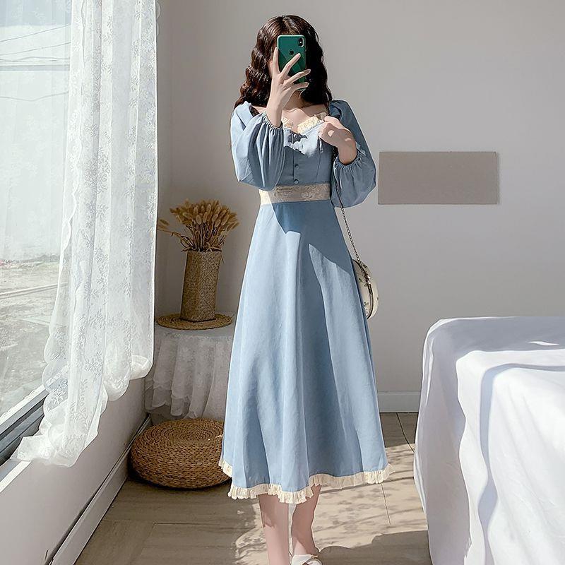 Elegant Vintage Style Long Sleeve Midi Dress French Retro Square Collar Dress