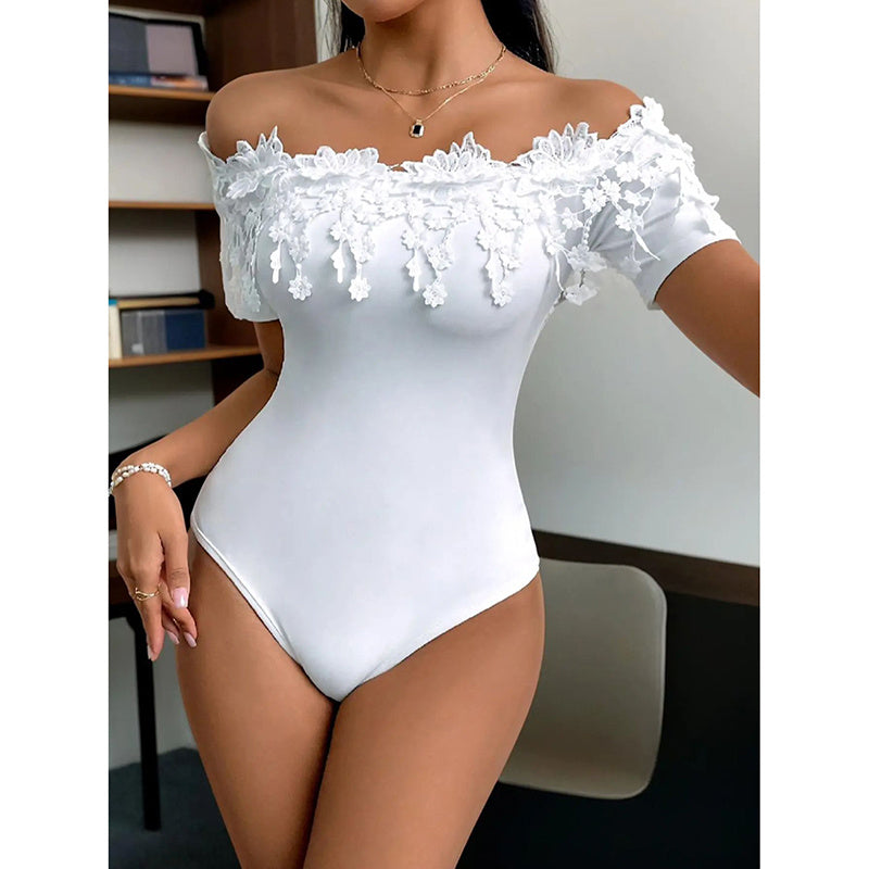 Sexy Ruffled Lace Detail Off-Shoulder One Piece Women's Off Shoulder Short Sleeve Bodysuit Sexy Lace Bodycon Top