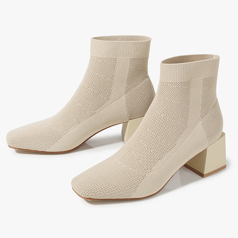 All-match Stretch Knitted High Heel Solid Color Chunky Heel Square Toe Boots Women