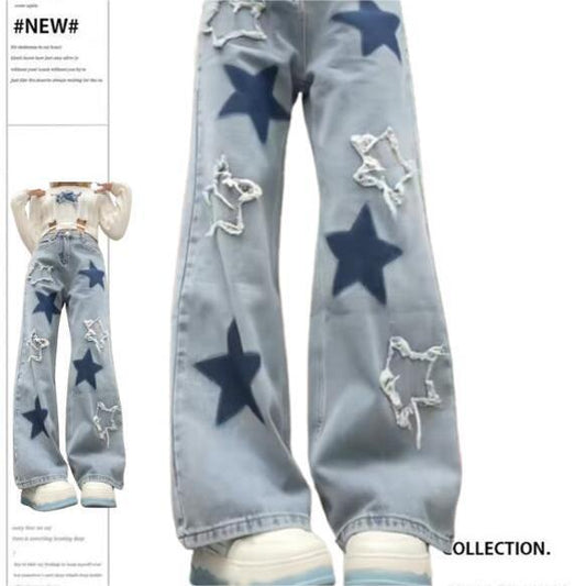 Starstruck Shreds – Celestial Distressed Denim Drop Retro Versatile Raw Edge Star Jeans For Women