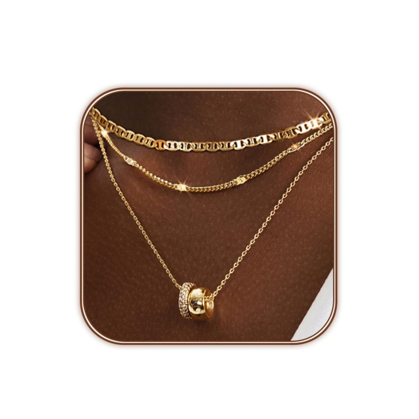 3-Piece Layered Gold Chain Necklace Set – Minimalist Cuban, Rope & Pendant Design Necklace Zircon-laid Necklace For Women's
