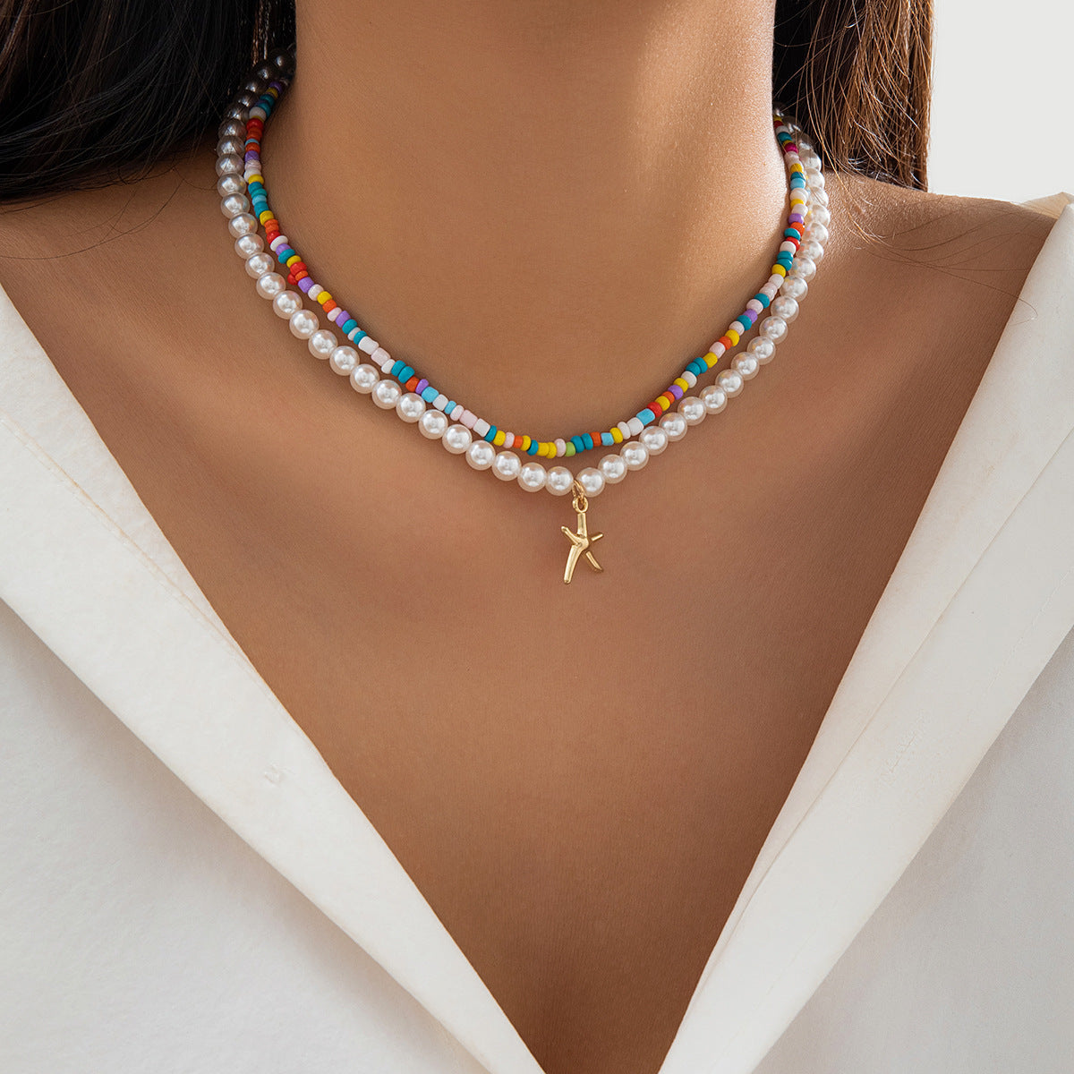 2-Layered Boho Beach Necklace – Starfish & Shell Charm Beaded Choker For Women's