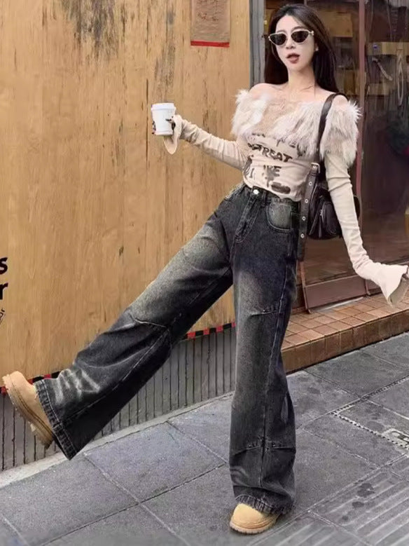 American-style Retro Washed Gradient Wide-leg All-matching Casual Straight-leg Mop Jeans