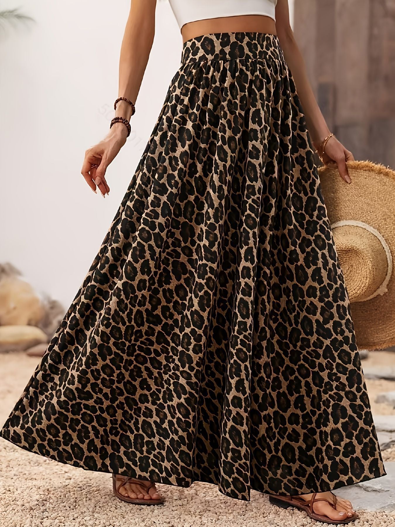 Bohemian Leopard Print High Waist Long Skirt High Waist Midi Skirt Fabric Leopard Print