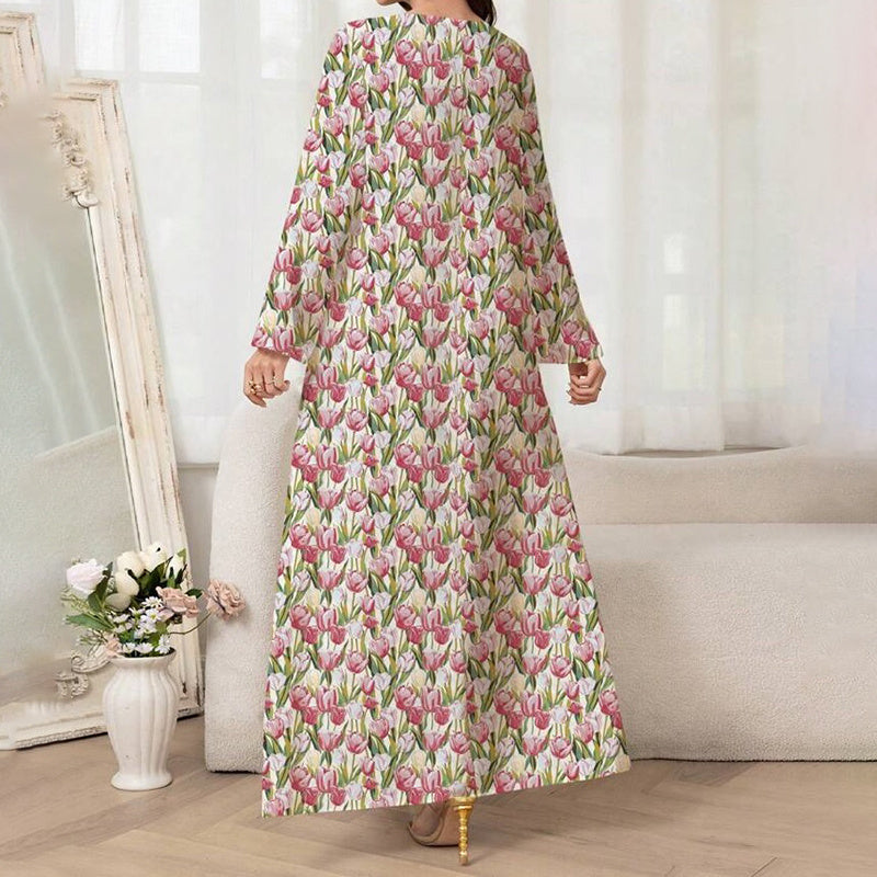 Elegant Pink Floral Print Maxi Dress Vacation Style Long Sleeve A-line Flowy Dress