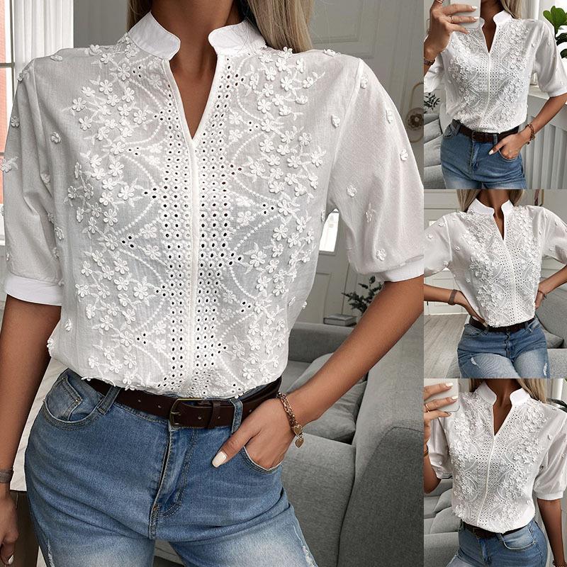 Fashion V-neck Stand Collar Embroidery Lace Blouse Shirt For Women's