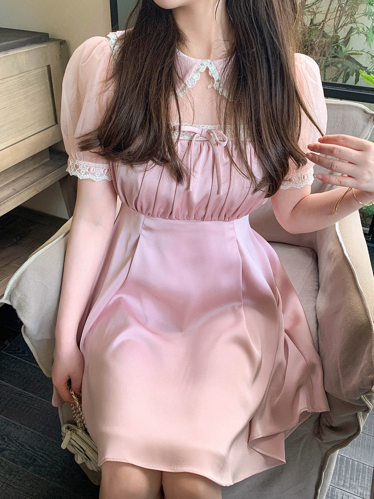 Cute & Chic Pink Collared Mini Dress with Puff Sleeves Pure Desire Satin Puff Sleeve Dress