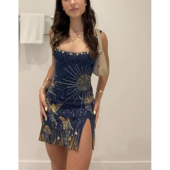 Bodycon 3D Printed Slit Sleeveless Sling Dress For Women's
