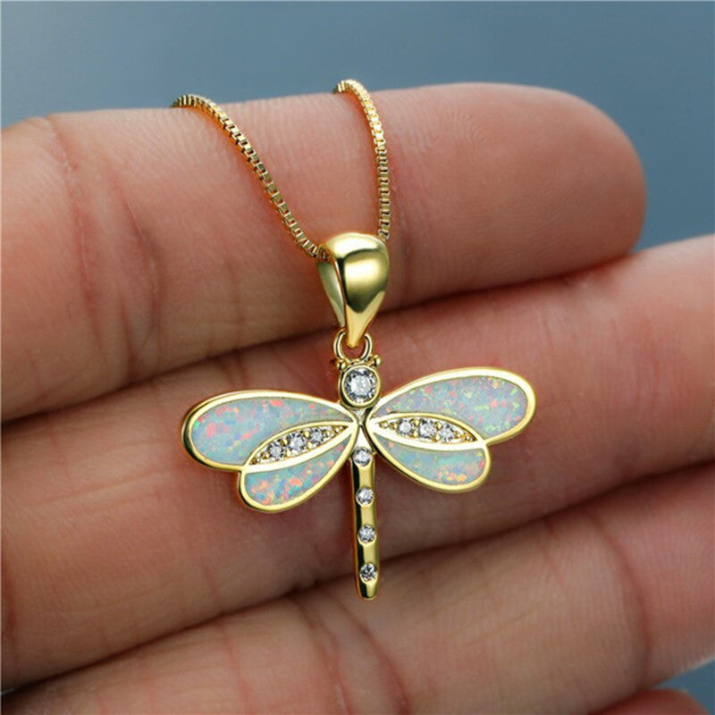 Enchanting Dragonfly Pendant Necklace with Iridescent Wings Simulated Opal Dragonfly Ladies' Pendant Necklace
