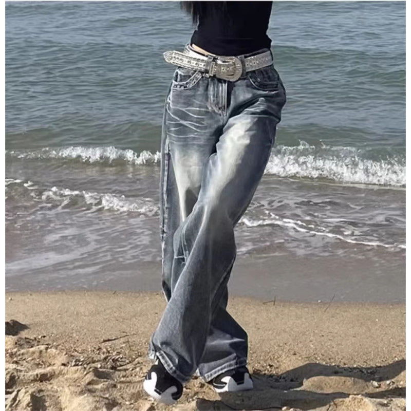 Faded Washed Wide-Leg Jeans – Vintage Y2K Streetwear Denim Distressed Straight Wide Leg Vintage Blue High Waist Jeans For Women