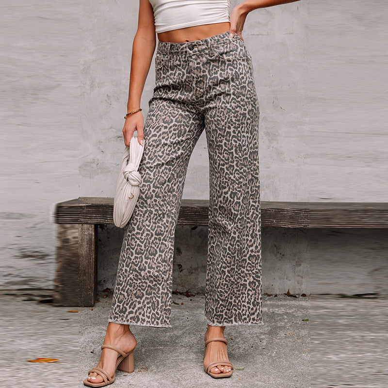 American Personalized High Waist Leopard Frayed Jeans