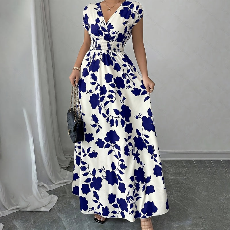 Wrap V Neck Short Sleeve Empire Elastic Waist Summer Casual Elegant Maxi Long Dresses