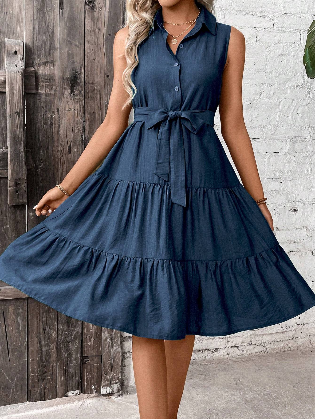 Ruffle Hem Belted Shirt Dress Maxi Vacation Beach Outfits For Women