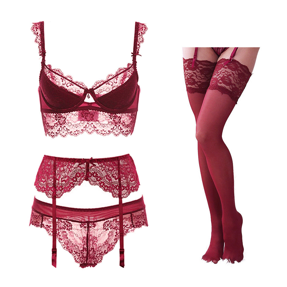 Red Lace Lingerie Set with Stockings - 4-Piece Boudoir Outfit Court Style Wine Red Lace Bra Set Women