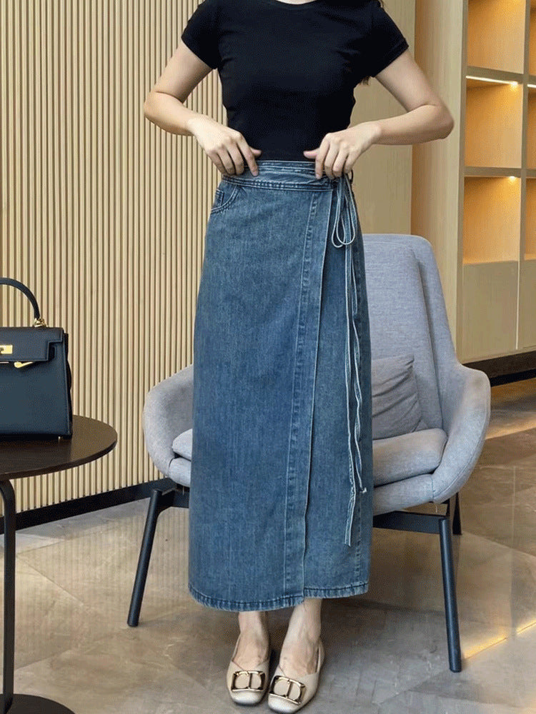 Retro High Waist Slit Blue Denim Skirt