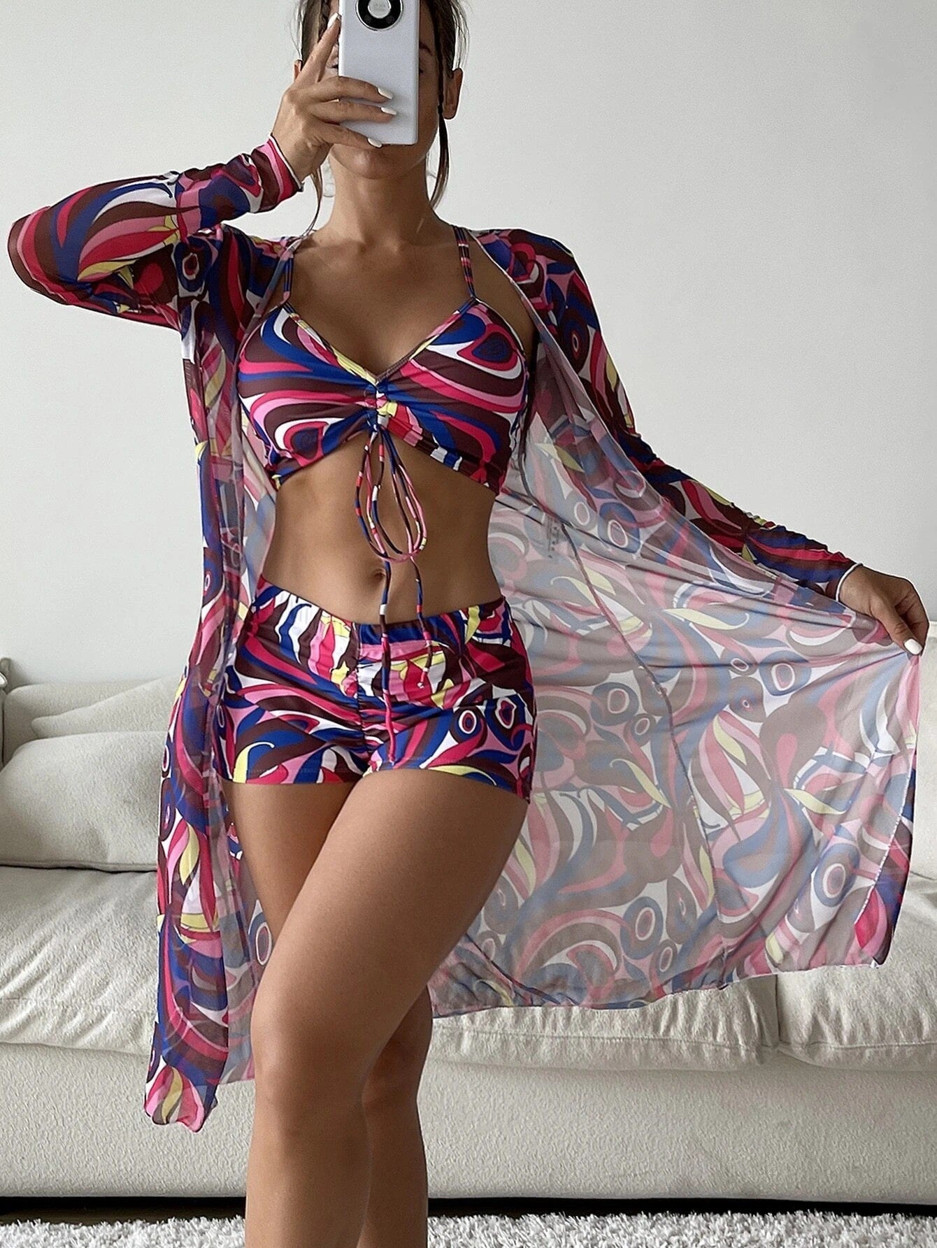 Boho Breeze 3-Piece Beach Set – Crop Top, High-Waist Shorts & Flowy Cover-Up Bikini With Long Sleeve Cardigan Fashion Summer Beach Swimsuit Women