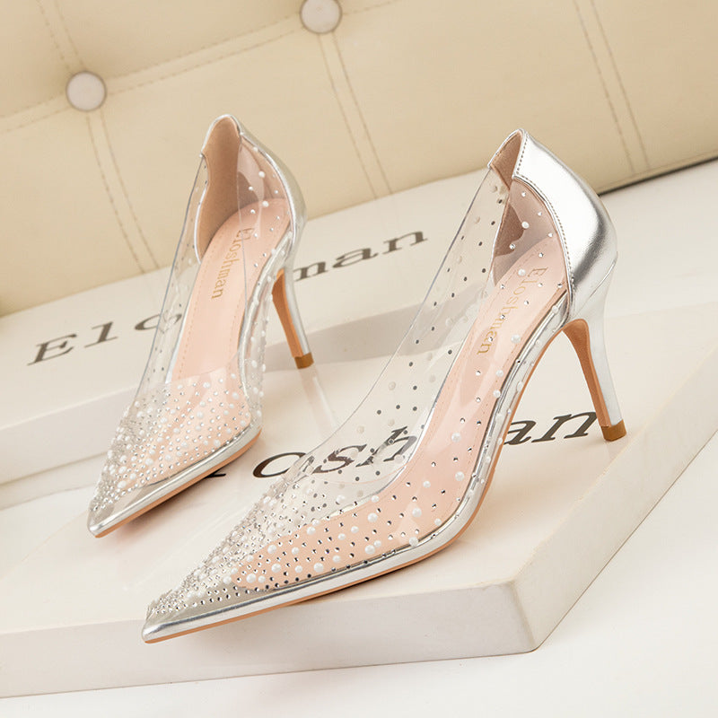 Transparent Cutout Pearl Shining Rhinestone Women's Heel