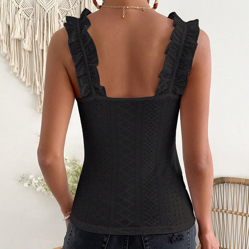 Ruffle Shoulder Square Neck Ribbed Knit Tank Top | Fitted Sleeveless Cami Women's Sleeveless Tank Tops Ruffle Strap Square Neck Eyelet Blouse Slim Fit