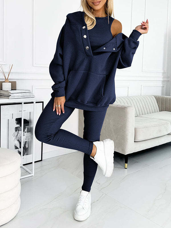 3-Piece Lounge Set – Cozy, Chic & Effortlessly Stylish For Women's Sports Suit Loose Hooded Pockets Sweatshirt And Vest And Slim Trousers