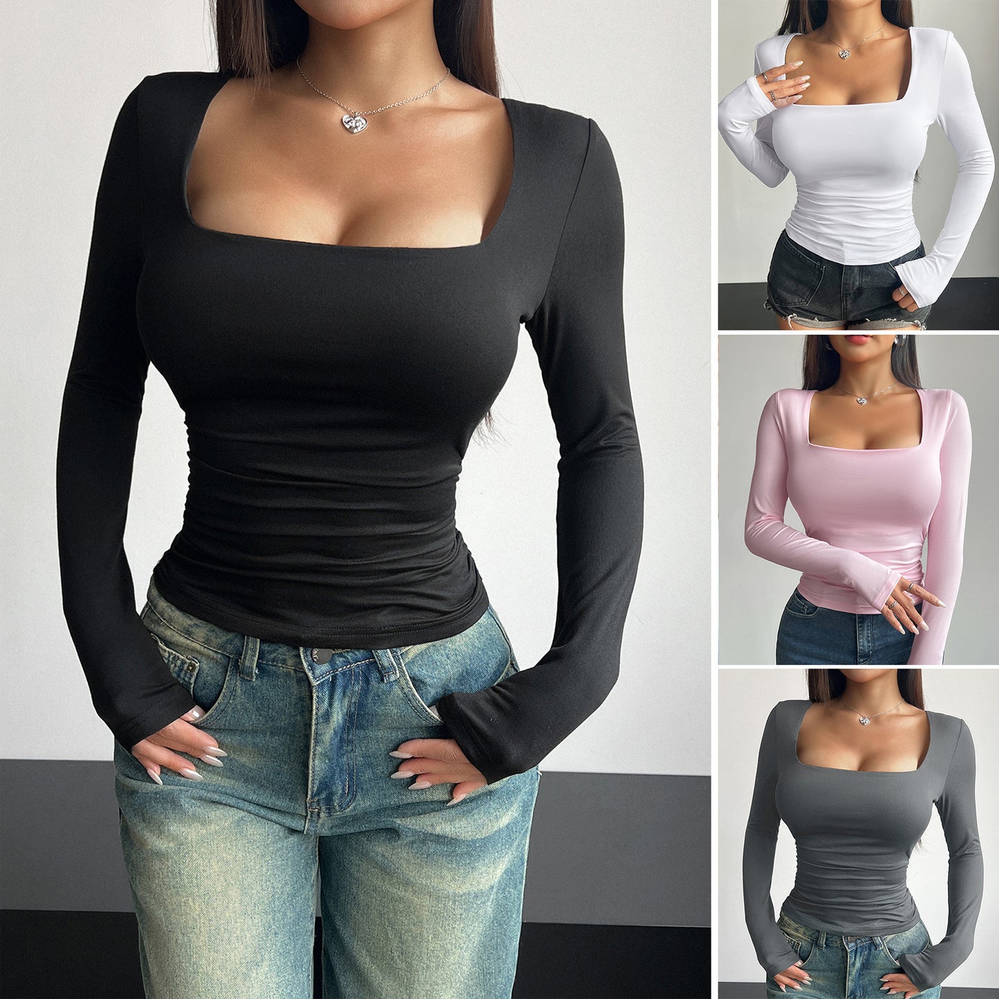 Slim fit Square Neck Long Sleeve Ribbed Top Pullover Tight Casual Fashion Tops Women