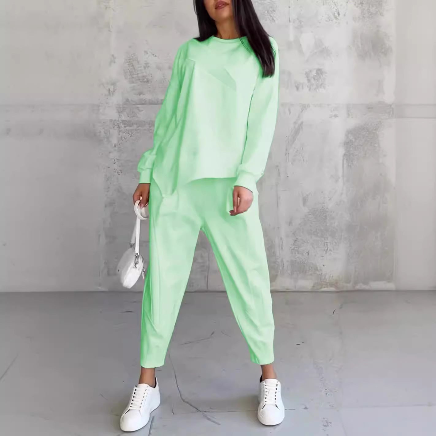 Slouchy Luxe Lounge Set – Crewneck Top + Tapered Joggers Women's Round Neck Loose And Irregular Long-sleeve Sweater Set