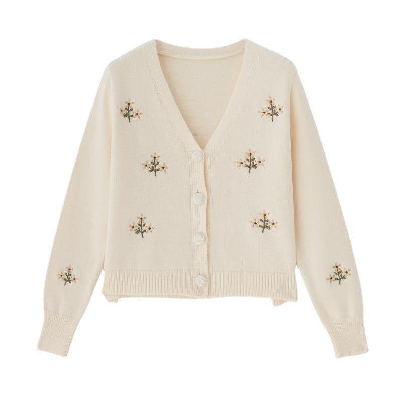 Korean Style Cropped Embroidered Knit Top - Casual & Elegant Long Sleeve Top Korean Short Thin Sweater Jacket