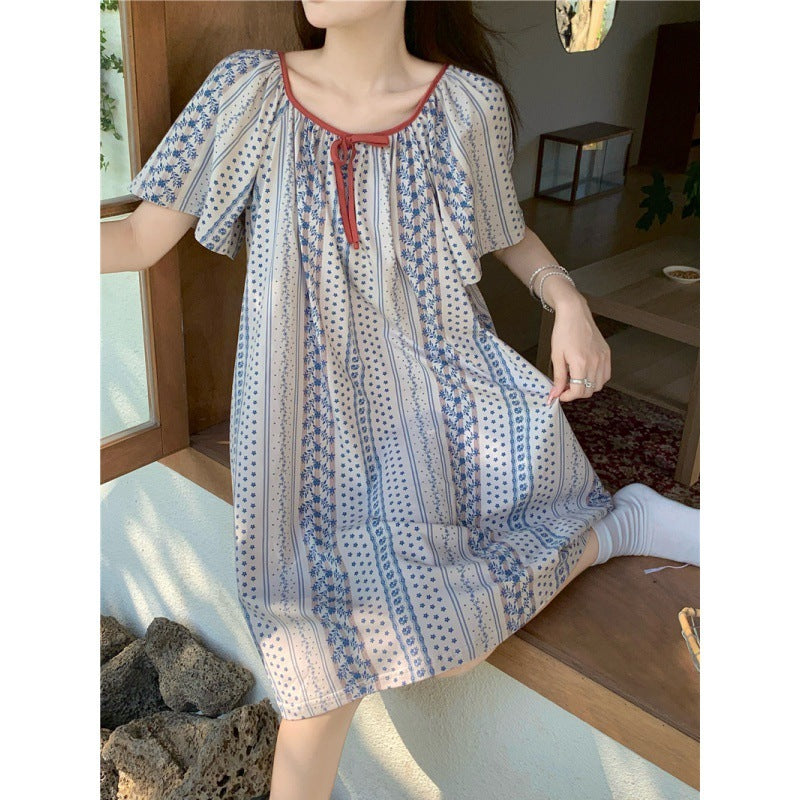 Comfy Boho Print Short Sleeve Nightgown / Lounge Dress Girly Style Night Dress Summer Ins