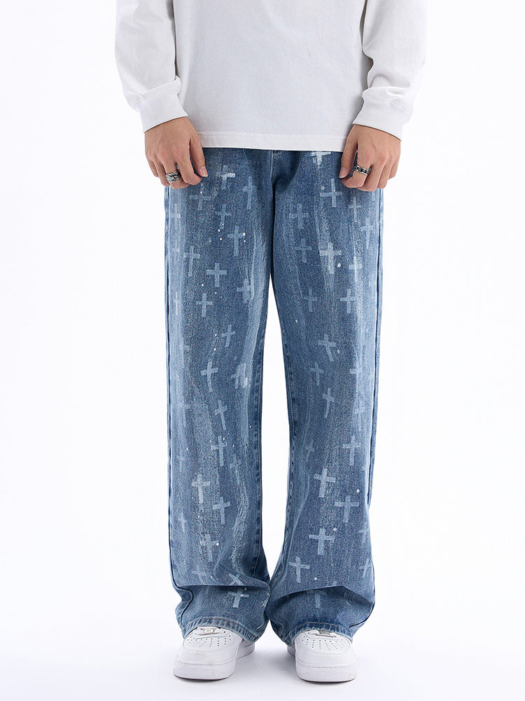 Unisex Cross Print Baggy Jeans – Vintage Washed Streetwear Denim Loose Straight Jeans For Men And Women