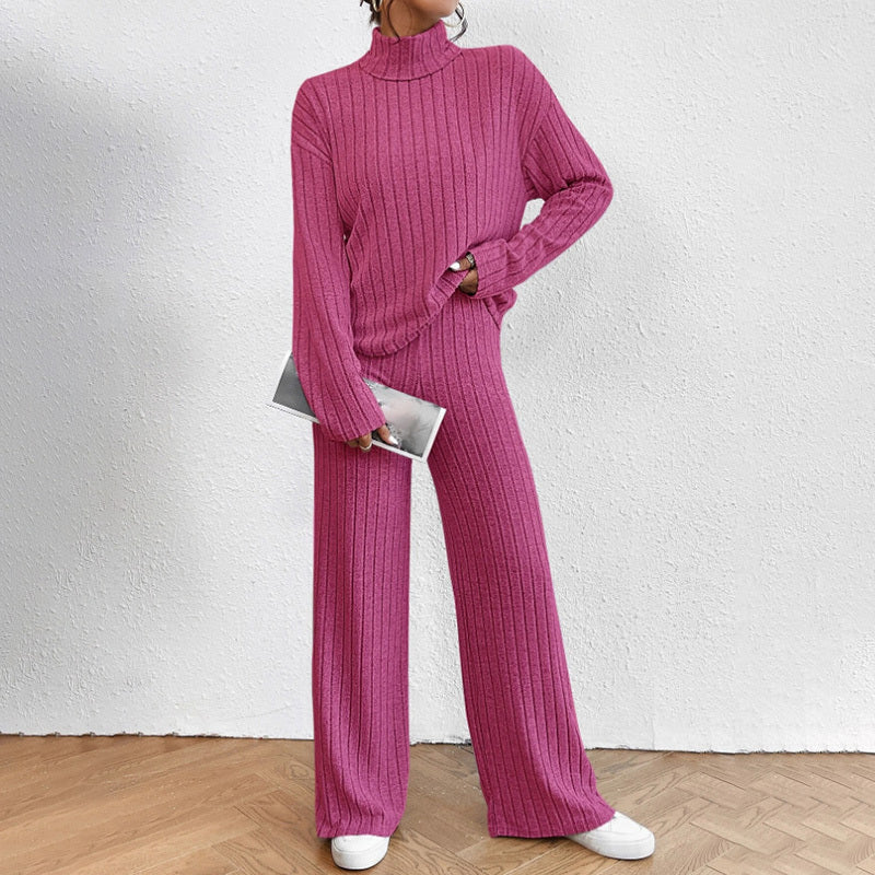 Solid Color 2-Piece Set High Neck Long Sleeve Top & Pants, Striped Loungewear