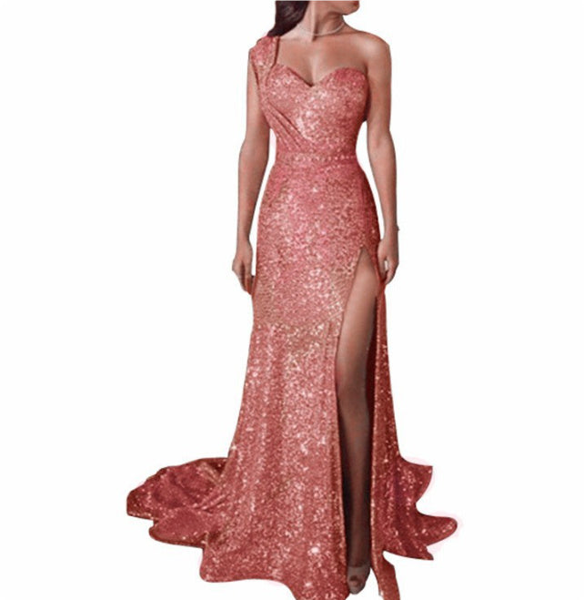One-shoulder Sleeveless Bronzing Split Dress Women's Clothing