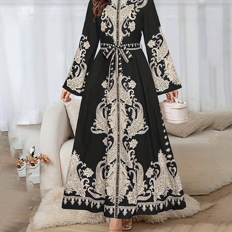 Vintage High-Neck Floral Maxi Dress Loose Long Sleeve, Adjustable Waist Belt, Middle Eastern Inspired Holiday Dress Ankle-Length Gown