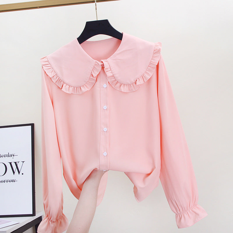 Adorable Ruffled Collar Blouse - Pink & White Loose Korean Style Doll Collar Top Coat