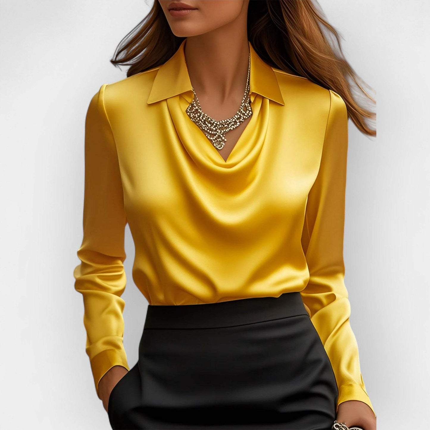 Swing Collar Draped Shirts & Blouses Elegant Solid Satin Office Ladies Top Pullover Spring Long Sleeve Casual Tops