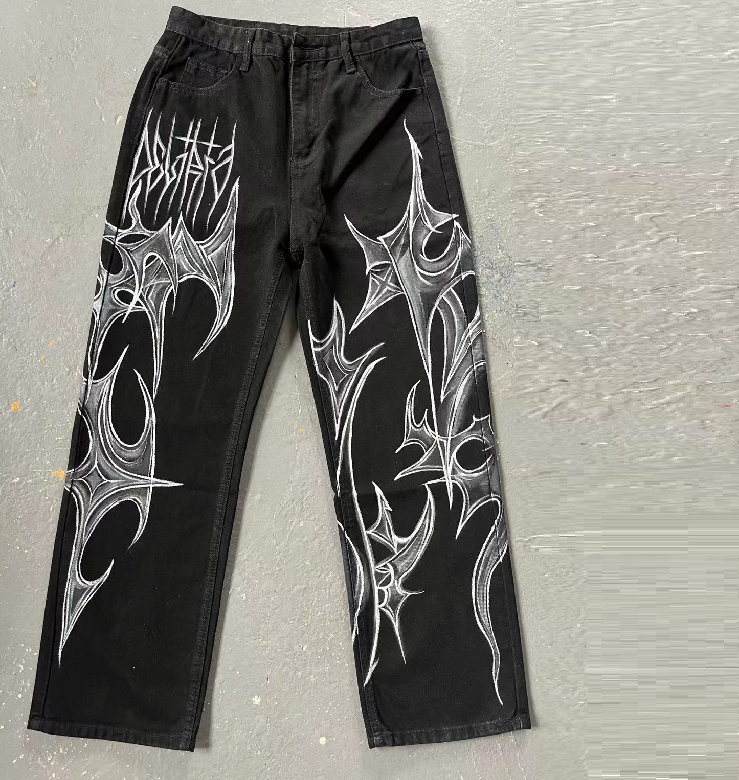 Tribal Flame Graffiti Jeans – Bold Streetwear for Alternative Style Black Jeans That Don't Fade American Street Graffiti Style For Men And Women